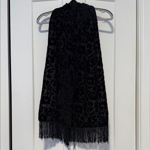 Elegant Black Floral Scarf with Fringe
